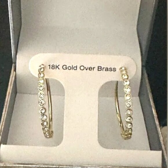 NWT And Now This High Polished Clear Crystal Duo C Hoop Earring Pair, Gold Plate - Picture 1 of 4